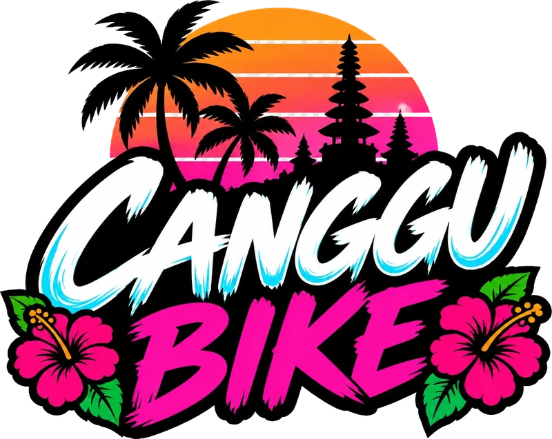 Canggu Bike Logo: Graffiti-Schrift über einem Sonnenuntergang auf Bali, mit Palmen, einem Tempel und Hibiskusblüten