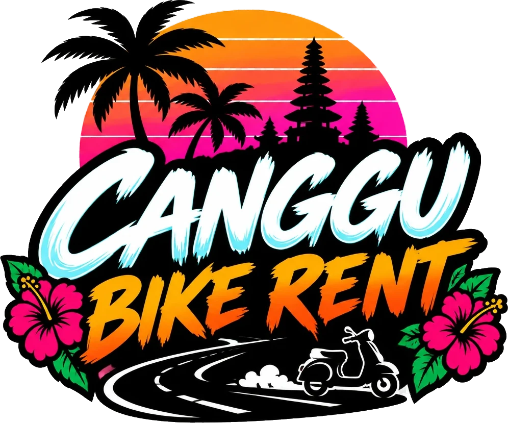 Logotipo de Canggu Bike Rent: letras de graffiti sobre un atardecer de Bali con palmeras, un templo, flores de hibisco y un scooter en una carretera sinuosa