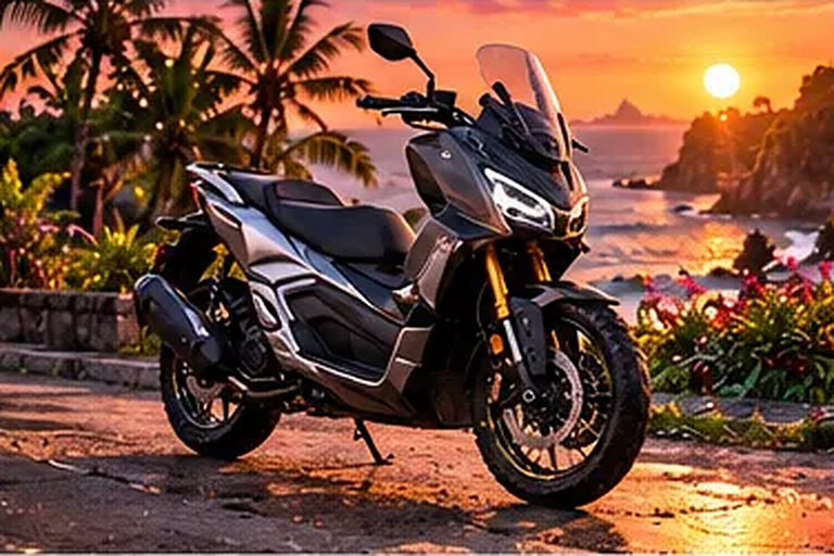 Honda ADV 160 à louer à Canggu, garée au coucher du soleil