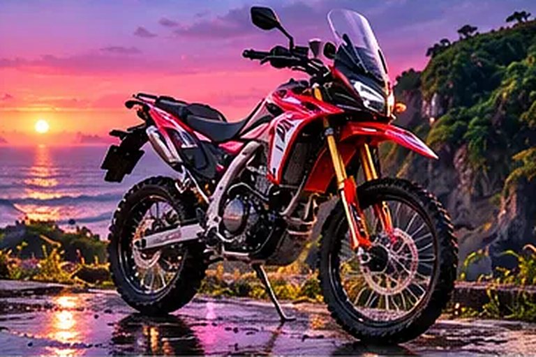 Honda CRF250 Rally disewakan di Canggu, parkir saat matahari terbenam
