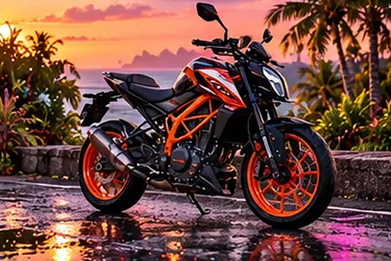 KTM Duke 390 a noleggio a Canggu, parcheggiata al tramonto
