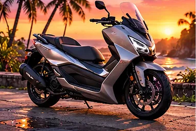 일몰 무렵 주차된 짱구 렌탈 Honda Forza 350