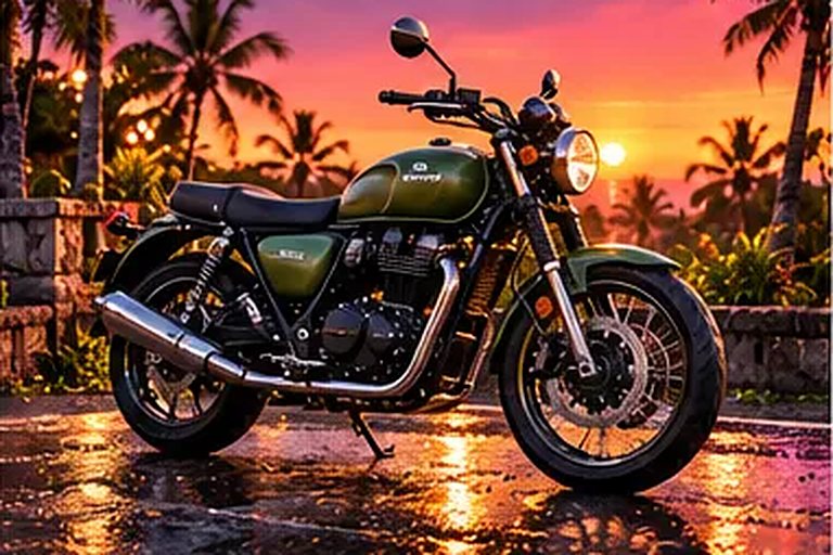 Royal Enfield Classic 350 a noleggio a Canggu, parcheggiata al tramonto