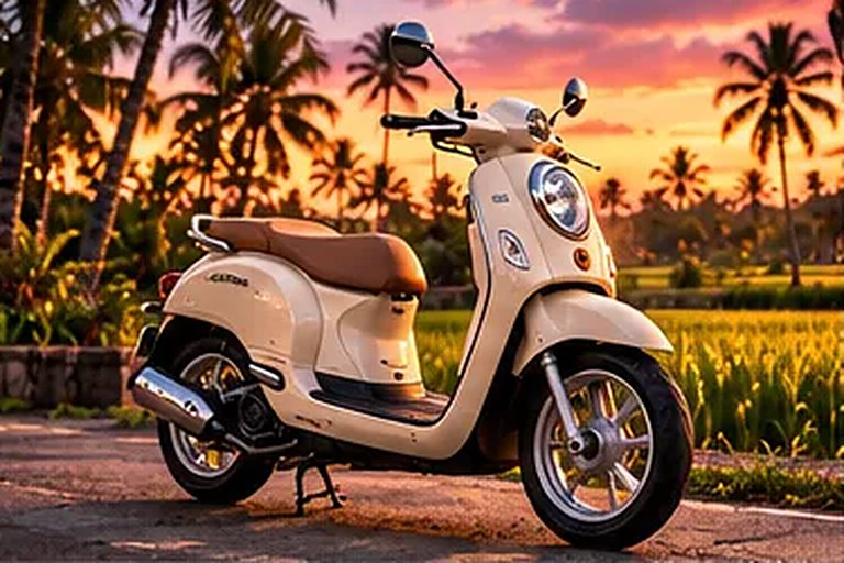 Honda Scoopy de alquiler en Canggu, aparcada al atardecer
