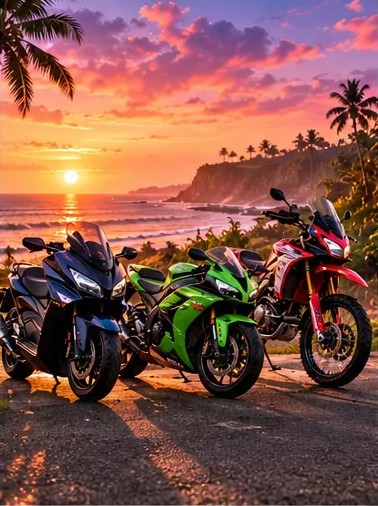 Tres motos más grandes, una junto a otra, en una carretera de la costa al atardecer en Canggu