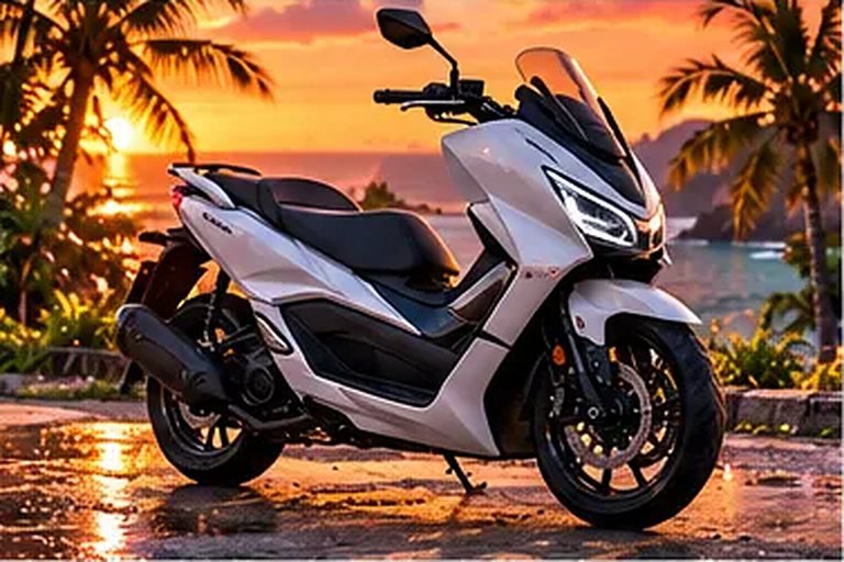 Un scooter mediano aparcado delante de un atardecer de Canggu