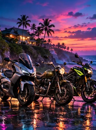 Tres motos premium en una carretera mojada al anochecer, con un cielo rosa y cian