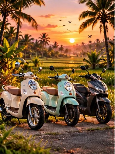Scooters pequeños aparcados en un camino con palmeras en Canggu al atardecer