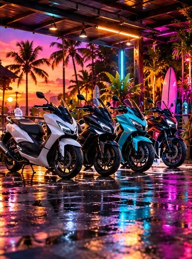 Cuatro scooters impecables alineados en el estudio de detailing al atardecer