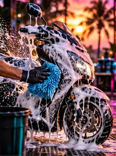Un scooter cubierto de espuma espesa mientras se lava a mano con una manopla de microfibra